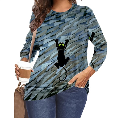 

Women's Plus Size Tops T shirt Tee Floral Cat Print Long Sleeve Round Neck Casual Daily Vacation Polyester Fall Winter White Black