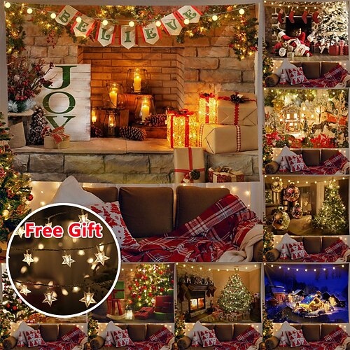 

Christmas Party Wall Tapestry Holiday Santa Claus Elk Tree Snow house Art Decor Blanket Curtain Hanging Home Bedroom Living Room Decoration Polyester(with LED String Lights)