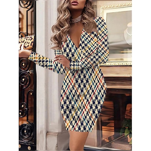 

Women's Bodycon Sheath Dress Short Mini Dress Black Yellow Long Sleeve Houndstooth Print Fall Winter V Neck Elegant Fashion Modern 2022 XS S M L XL 2XL 3XL 4XL 5XL 6XL / 3D Print