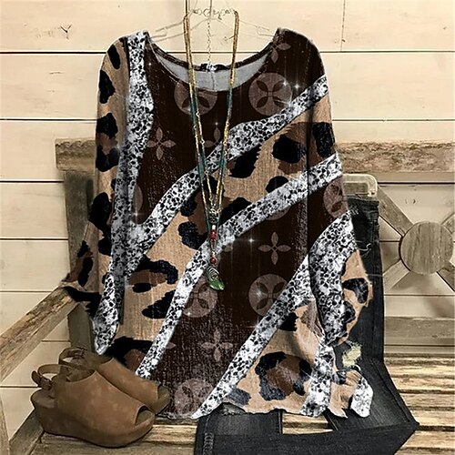 

Women's Plus Size Tops Blouse Shirt Leopard Print Long Sleeve Crewneck Streetwear Daily Vacation Polyester Fall Winter Black Yellow