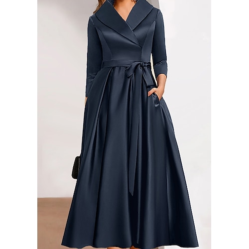 

Women's Formal Party Dress Wedding Guest Dress Swing Dress Maxi Dress Navy Blue Long Sleeve Pure Color With Belt Winter Spring Shirt Collar Modern Winter Dress Fall Dress 2023 S M L XL 2XL 3XL