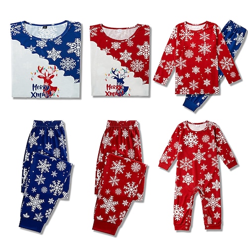 

Family Christmas Pajamas Ugly Cotton Deer Snowflake Home Red Long Sleeve Mom Dad and Me Daily Matching Outfits