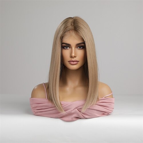 

Medium Bob Synthetic Wig Golden Blonde Straight Lace Front Wigs for Women Middle Part High Density Heat Resistant Hair