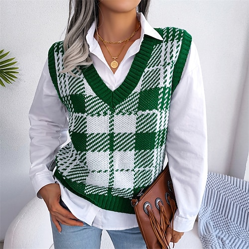 

Women's Sweater Vest Jumper Crochet Knit Knitted Plaid V Neck Stylish Casual Outdoor Holiday Winter Fall Green Khaki S M L / Sleeveless / Sleeveless / Regular Fit / Going out