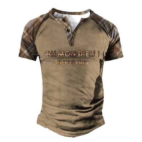 

Men's T shirt Tee Henley Shirt Tee Graphic Letter Tartan Henley Brown Short Sleeve 3D Print Plus Size Outdoor Daily Patchwork Button-Down Tops Basic Designer Casual Classic / Summer / Summer / Sports