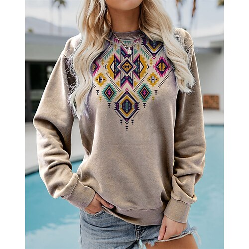 

Women's Sweatshirt Pullover Geometric Print Casual Daily 3D Print Cotton Casual Clothing Apparel Hoodies Sweatshirts Loose Fit Green Khaki