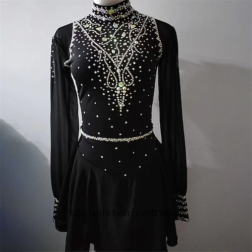 

Figure Skating Dress Women's Girls' Ice Skating Dress Black Spandex High Elasticity Training Competition Skating Wear Handmade Crystal / Rhinestone Long Sleeve Ice Skating Figure Skating / Winter