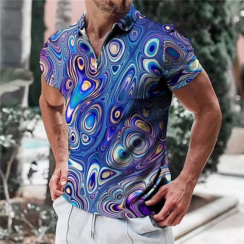 

Men's Collar Polo Shirt Golf Shirt Gradient Turndown Blue 3D Print Outdoor Street Short Sleeves Zipper Print Clothing Apparel Fashion Designer Casual Breathable / Summer / Spring / Summer