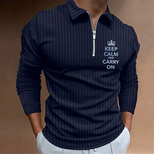 

Men's Collar Polo Shirt Golf Shirt Letter Turndown Navy Blue 3D Print Outdoor Street Long Sleeve Zipper Print Clothing Apparel Fashion Designer Casual Breathable