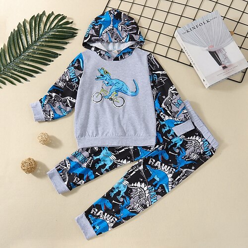 

2 Pieces Kids Boys Hoodie & Pants Clothing Set Outfit Cartoon Dinosaur Long Sleeve Cotton Set Street Cool Comfort Winter Fall 2-6 Years Black Gray