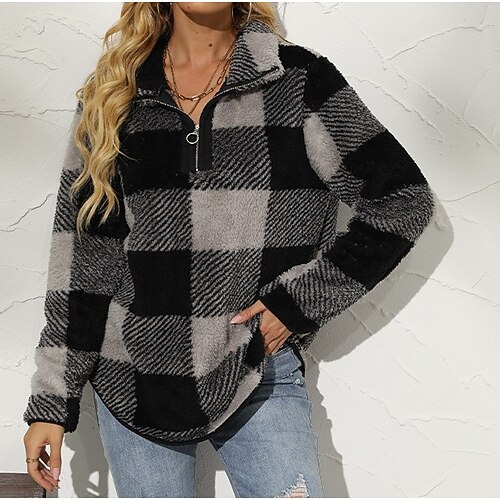 

Women's Sweatshirt Pullover Sherpa Fleece Teddy Zipper Red Brown Gray Plaid Street Hoodie Long Sleeve Fleece S M L XL