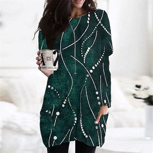 

Women's Casual Dress T Shirt Dress Tee Dress Short Mini Dress Dark Green Long Sleeve Geometric Pocket Fall Winter Round Neck Casual 2022 XS S M L XL XXL 3XL 4XL 5XL 6XL