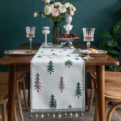

Christmas Table Runner with Tassel Christmas Decoration Table Runner EmbroideryJacquard Floral Table Linens Washable Wrinkle Resistant Washable Table Runners for Party Dinner, Dining Room