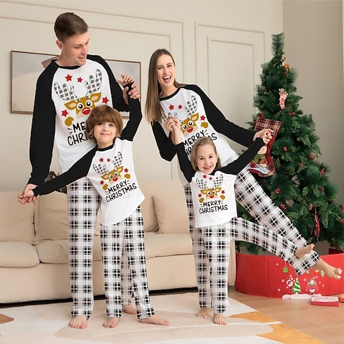 

Family Look Christmas Pajamas Plaid Deer Home Black Long Sleeve Daily Matching Outfits