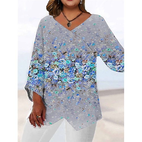 

Damen Hemd Bluse Marineblau Blau Braun Blumen Bedruckt Langarm Täglich Ausgehen Brautkleider schlicht V Ausschnitt Standard Übergröße L