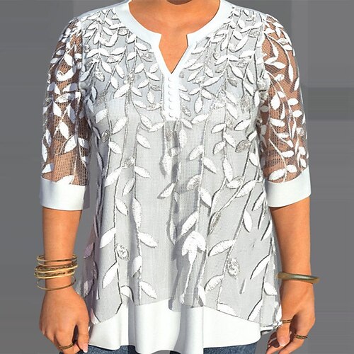 

Women's Plus Size Tops Blouse Shirt Floral Plain Print 3/4 Length Sleeve V Neck Streetwear Daily Vacation Polyester Spring Fall White