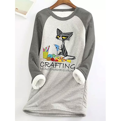 

Women's Sweatshirt Pullover Sherpa Fleece Teddy Blue Gray Cat Dailywear Round Neck Long Sleeve Fleece S M L XL 2XL 3XL