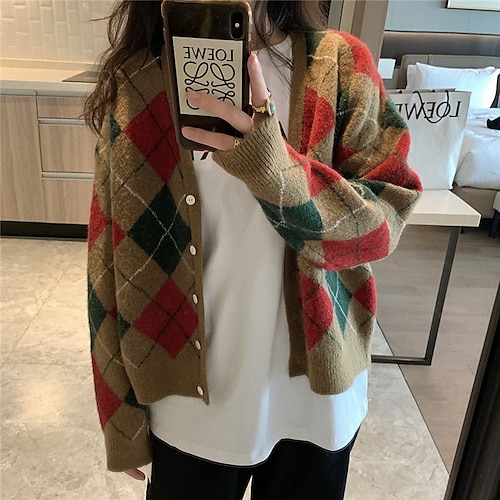 

Women's Cardigan Sweater Jumper Ribbed Knit Button Knitted Argyle V Neck Stylish Casual Outdoor Daily Winter Fall Green Khaki One-Size / Long Sleeve / Holiday / Regular Fit / Going out