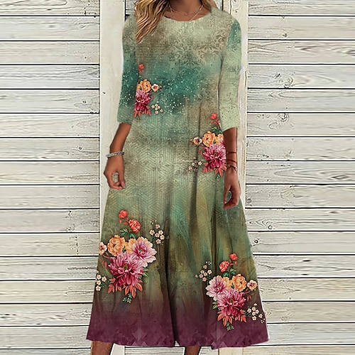 

Women's Casual Dress Shift Dress Midi Dress Green 3/4 Length Sleeve Floral Ruched Print Fall Winter Round Neck Vacation Casual 2022 S M L XL XXL 3XL