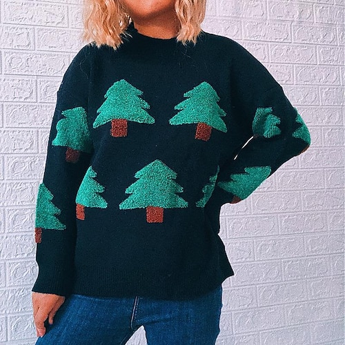 

Women's Ugly Sweater Pullover Sweater Jumper Ribbed Knit Patchwork Knitted Christmas Tree Crew Neck Stylish Casual Outdoor Christmas Fall Winter Black Red S M L / Long Sleeve