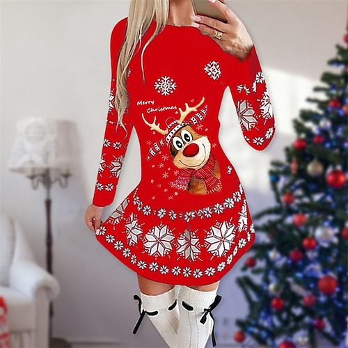 

Women's Casual Dress Shift Dress Short Mini Dress Green Black Red Long Sleeve Animal Snowflake Print Fall Winter Crew Neck Fashion Casual Loose Fit 2022 S M L XL XXL 3XL