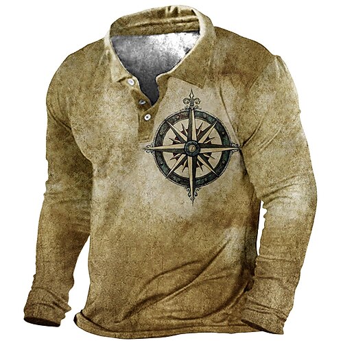 

Men's Collar Polo Shirt Golf Shirt Compass Turndown Khaki Black 3D Print Street Casual Long Sleeve Button-Down Print Clothing Apparel Fashion Designer Casual Breathable