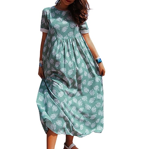 

Women's Casual Dress Shift Dress Long Dress Maxi Dress Green Short Sleeve Floral Print Winter Fall Autumn Crew Neck Fashion Loose Fit 2022 S M L XL