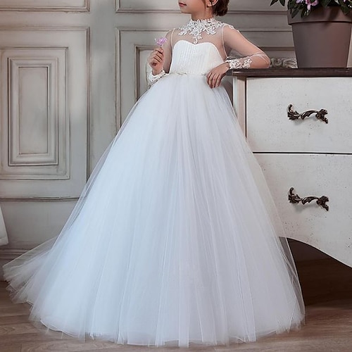

Party Event / Party Princess Flower Girl Dresses Jewel Neck Court Train Tulle Winter Fall with Appliques Paillette Cute Girls' Party Dress Fit 3-16 Years