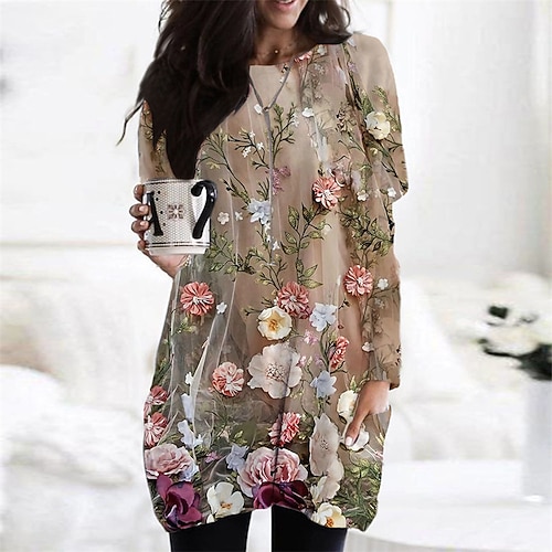 

Women's Casual Dress Floral Dress Short Mini Dress Khaki Long Sleeve Floral Pocket Print Fall Winter Round Neck Casual 2022 XS S M L XL XXL 3XL 4XL 5XL 6XL