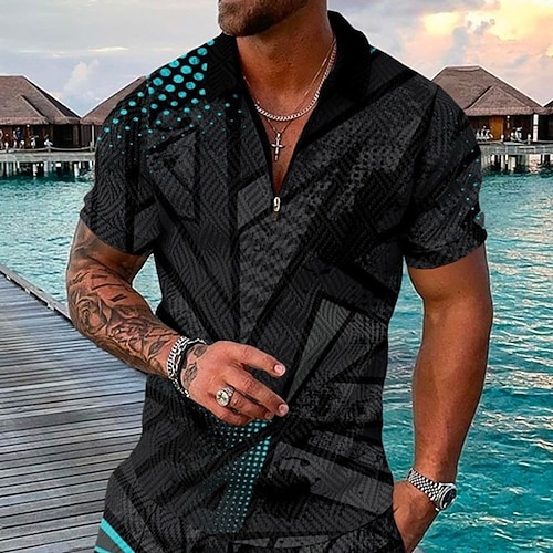 

Men's Collar Polo Shirt Golf Shirt Geometry Turndown Gray 3D Print Outdoor Street Short Sleeves Zipper Print Clothing Apparel Fashion Designer Casual Breathable / Summer / Spring / Summer