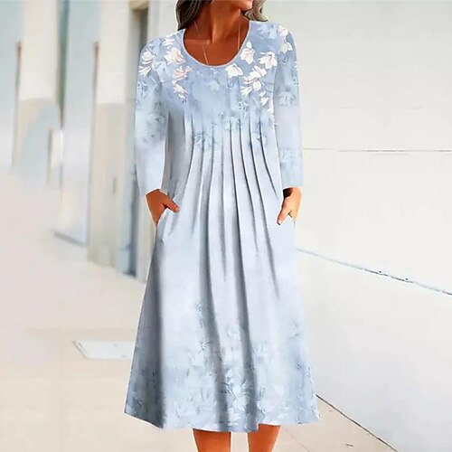 

Women's Casual Dress Shift Dress Midi Dress Light Blue Long Sleeve Floral Pocket Print Fall Winter Round Neck Vacation Casual 2022 S M L XL XXL 3XL