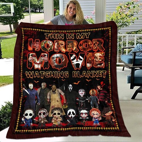 

Halloween Horror Movie Flannel Fleece Blanket Printed Soft Fluffy Warm Comfortable Foldrable Sherpa Throw Blanket,Pattern Gifts For Kids Women And Adults,For Sofa Bed Travel Camping