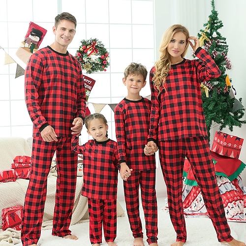 

Family Look Christmas Pajamas Plaid Home Red Long Sleeve Basic Matching Outfits