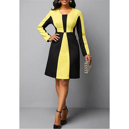 

Women's Sheath Dress Knee Length Dress Knee Length Dress Blue Yellow Red Long Sleeve Geometric Color Block Patchwork Print Fall Winter Crew Neck Stylish Formal 2022 S M L XL 2XL 3XL 4XL 5XL