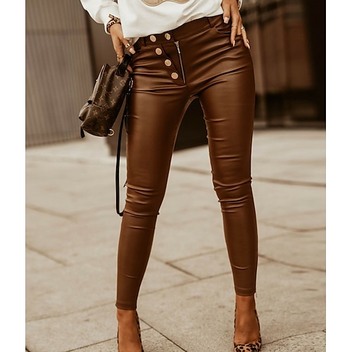 

Women's Skinny Pants Trousers Faux Leather khaki High Waist Fashion Casual Office Vacation Side Pockets Micro-elastic Ankle-Length Comfort Plain S M L XL / Slim