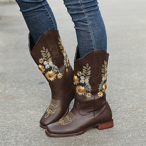 

Mujer Botas Botas cowboy Tallas Grandes Exterior Diario Invierno Bordados Tacón Bajo Tacón Cuadrado Dedo cuadrada Casual Minimalismo Cuero PU Mocasín Bordado Negro Marrón Café