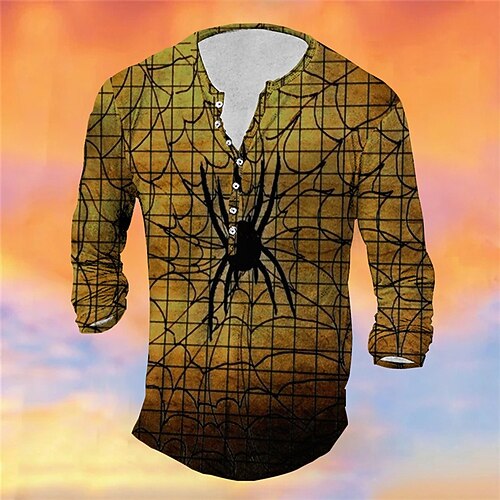

Men's T shirt Tee Henley Shirt Tee Graphic Spider Henley Brown 3D Print Plus Size Outdoor Halloween Long Sleeve Button-Down Print Clothing Apparel Basic Designer Classic Comfortable