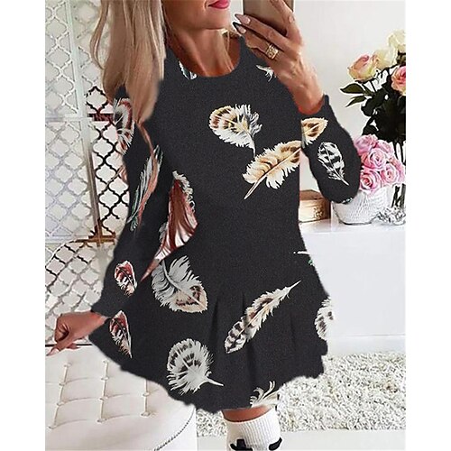 

Women's Casual Dress Swing Dress Short Mini Dress Black Long Sleeve Print Pleated Print Fall Winter Round Neck Vacation Casual 2022 S M L XL 2XL 3XL 4XL 5XL 6XL