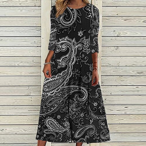 

Women's Casual Dress Shift Dress Midi Dress Black 3/4 Length Sleeve Floral Ruched Print Fall Winter Round Neck Vacation Casual 2022 S M L XL XXL 3XL