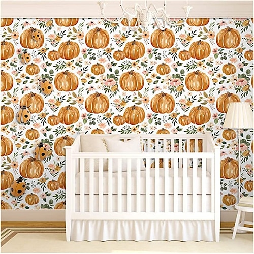 

Pumpkin Wallpaper White/Pink/SandyBrown Peel and Stick Wallpaper Removable Pvc/Vinyl Self Adhesive 17.7''x118''in(45cmx300cm) / 45x300cm for Home Decor Bedroom Living Room