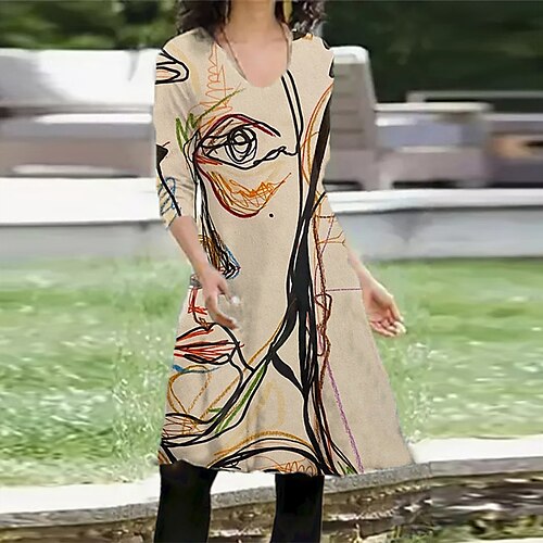 

Women's Casual Dress T Shirt Dress Tee Dress Short Mini Dress Khaki Rainbow Long Sleeve Abstract Pocket Print Fall Winter V Neck Vacation Casual 2022 S M L XL XXL 3XL