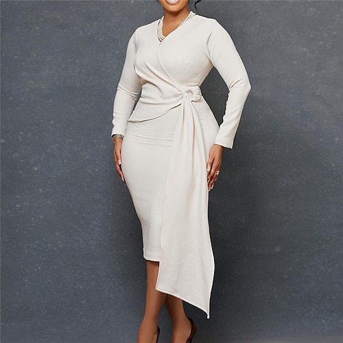 

Women's Plus Size Work Dress Solid Color V Neck Long Sleeve Fall Winter Elegant Formal Knee Length Dress Formal Date Dress