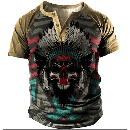

Men's T shirt Tee Henley Shirt Tee Graphic Skull Henley Blue Purple Brown Short Sleeve 3D Print Plus Size Outdoor Daily Button-Down Print Tops Basic Designer Casual Classic / Summer / Summer / Sports