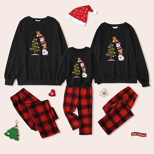 

Christmas Pajamas Ugly Family Set Plaid Santa Claus Christmas Tree Patchwork Black Long Sleeve Mom Dad and Me Mom Dad and Me Daily Matching Outfits Spring Fall Casual Print