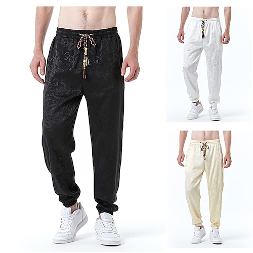 

Men's Joggers Trousers Casual Pants Sequin Pants Drawstring Elastic Waist Shiny Metallic Character Windproof Full Length Casual Weekend Nightclub Chinese Style Casual Loose Fit Khaki White