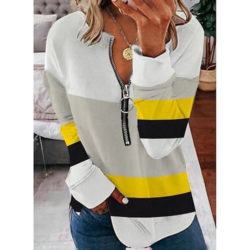 

Women's Sweatshirt Pullover Active Streetwear Quarter Zip Print Gray White Geometric Color Block Daily V Neck Long Sleeve S M L XL XXL 3XL