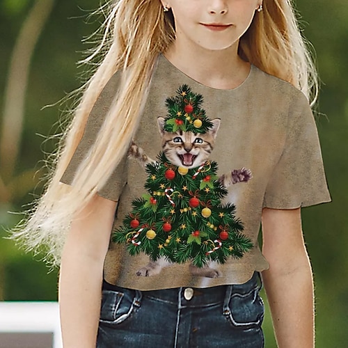 

Kids Girls' Ugly Christmas T shirt Cat Outdoor 3D Print Short Sleeve Crewneck Cute 3-12 Years Spring Khaki