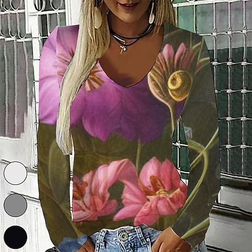

Women's T shirt Tee Purple Graphic Geometric Print Long Sleeve Casual Daily Vintage V Neck Regular Geometric Painting S / 3D Print