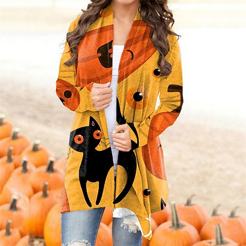 

Women's Casual Jacket Breathable Comfortable Halloween Casual Daily Wear Going out Print Cardigan Collarless Active Comfortable Street Style Halloween Cat Regular Fit Outerwear Long Sleeve Winter Fall