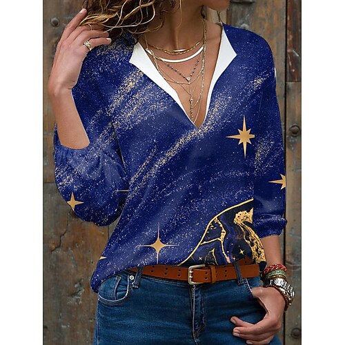 

Women's Blouse Shirt Navy Blue Galaxy Print Long Sleeve Daily Weekend Streetwear Casual V Neck Regular S / 3D Print